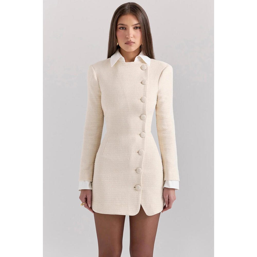 House of CB Cream Tweed Long Sleeve Button Front Mini Dress
